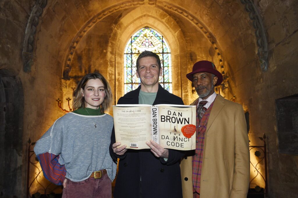 Pic Greg Macvean 03/03/2022 - Capital Theatres
Stars of The Da Vinci Code Leigh Lothian, Nigel Harman and Danny John-Jules are pictured at Rosslyn Chapel.  The Da Vinci Code is on at The Theatre Royal in Glasgow from 28th March - 2nd April and at The King’s Theatre in Edinburgh 5th April - 9th April.